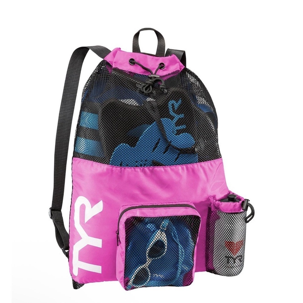 TYR Big Mesh Mummy Backpack For Wet Swimming, Gym, and Workout Gear, Pink C1